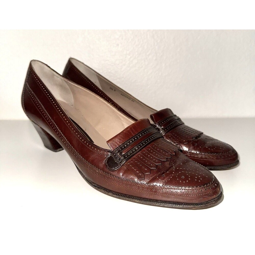Bally Kiltie Loafer Heels Vintage Brown Leather Fringe Pumps Switzerland Sz 8.5